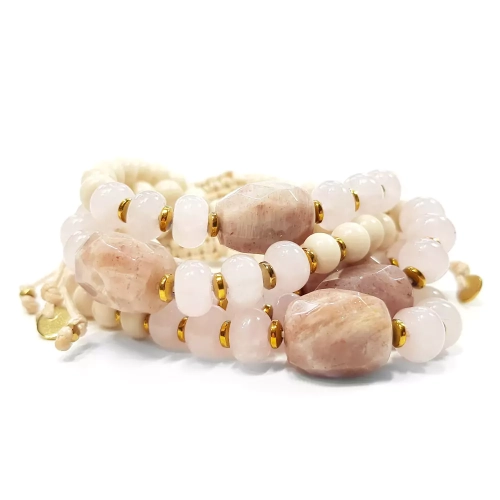 SZN980 WEBP Bransoletka kamień słoneczny, kwarc różowy, kamień rzeczny i hematyt na beżowym sznurku Magneska biżuteria.webp