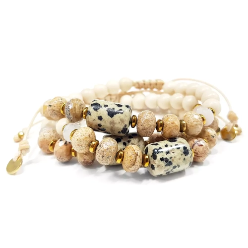 SZN990 WEBP Bransoletka Pebbles jaspis dalmatyńczyk, jaspis pejzażowy, kwarc różowy, kamień rzeczny i hematyt Magneska biżuteria 3.webp