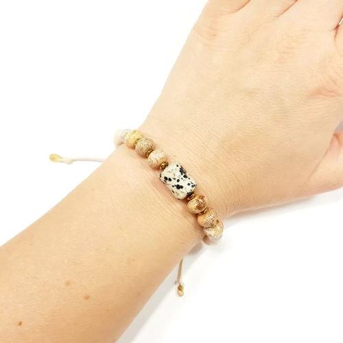 SZN990 WEBP Bransoletka Pebbles jaspis dalmatyńczyk, jaspis pejzażowy, kwarc różowy, kamień rzeczny i hematyt Magneska biżuteria 4.webp