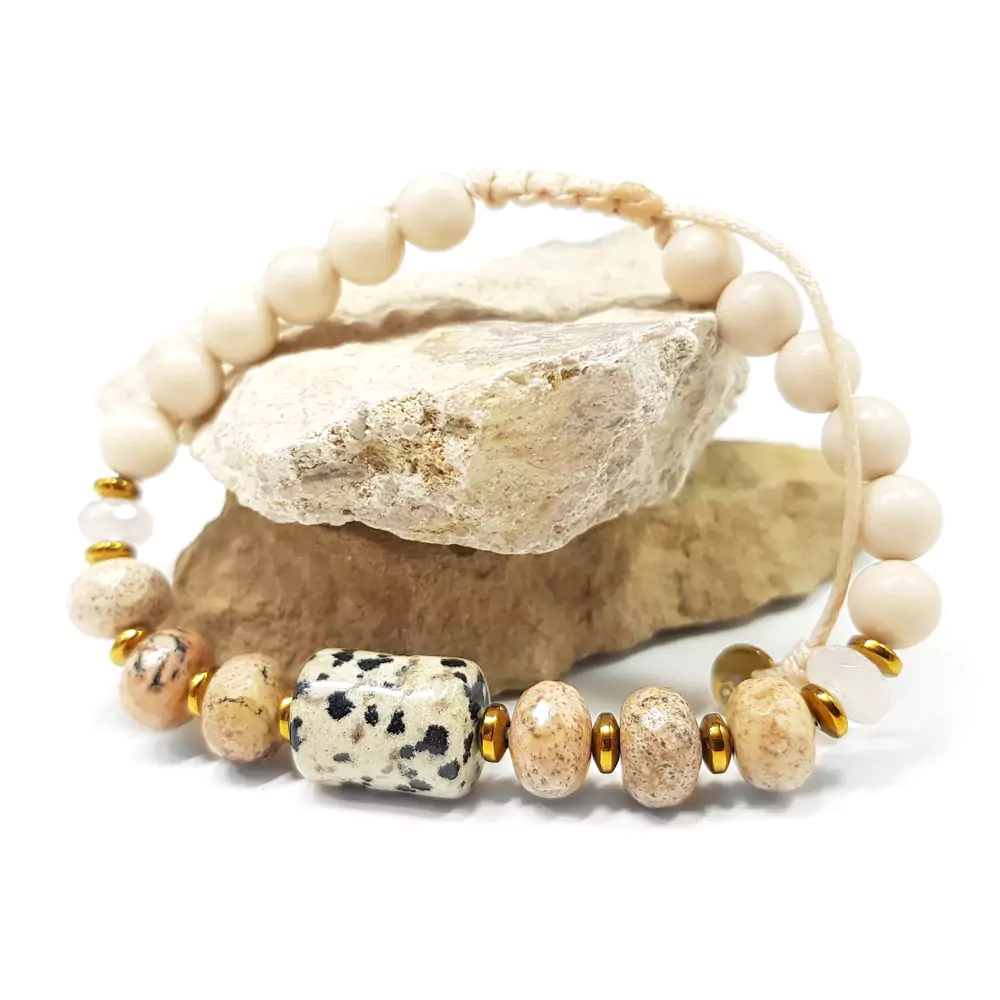 SZN990 WEBP Bransoletka Pebbles jaspis dalmatyńczyk, jaspis pejzażowy, kwarc różowy, kamień rzeczny i hematyt Magneska biżuteria.webp