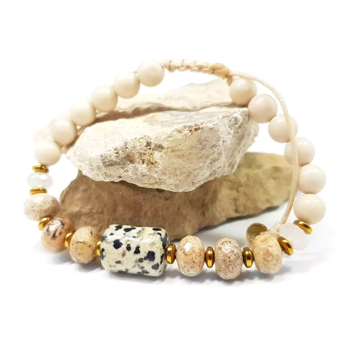 SZN990 WEBP Bransoletka Pebbles jaspis dalmatyńczyk, jaspis pejzażowy, kwarc różowy, kamień rzeczny i hematyt Magneska biżuteria.webp