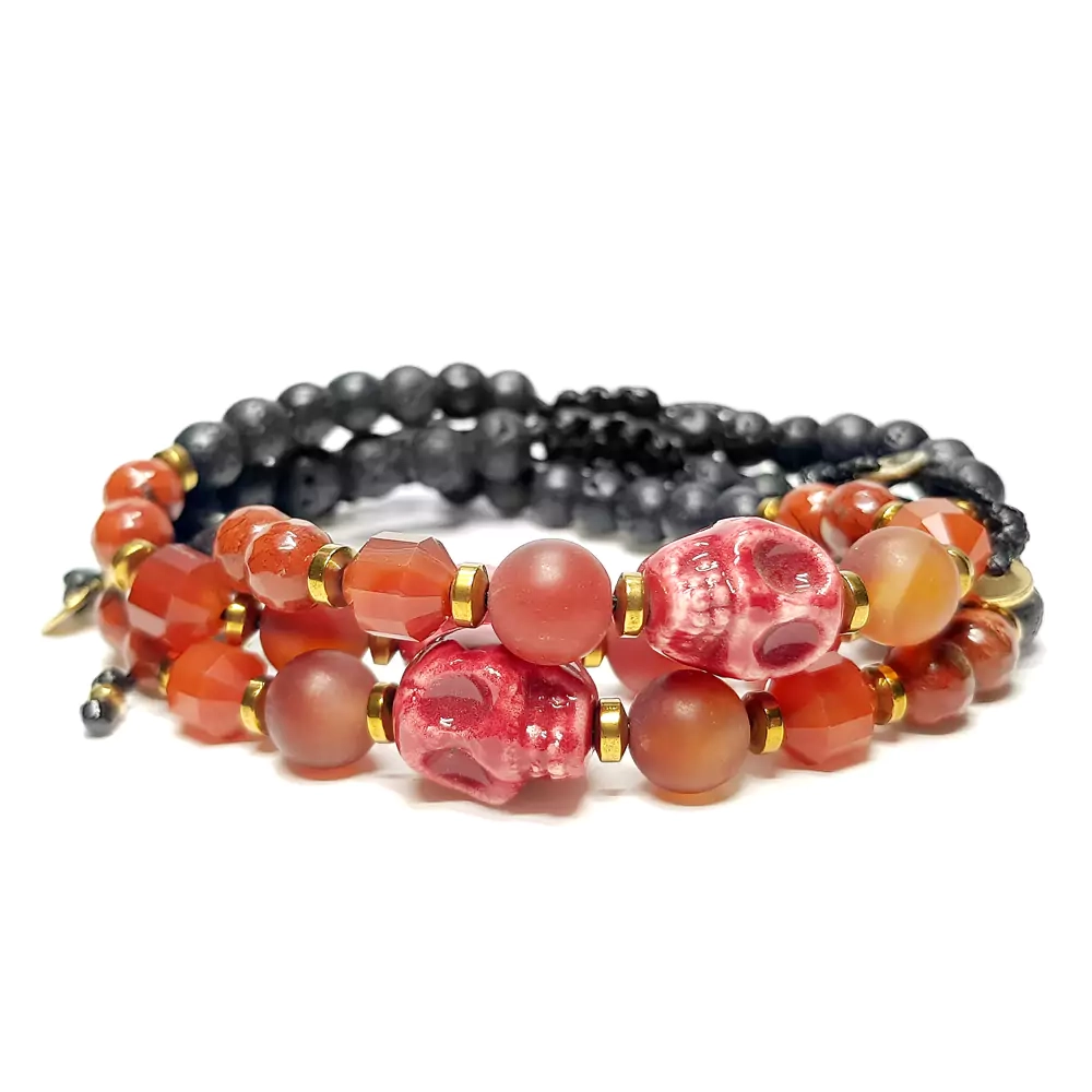 MES316 WEBP Bransoletka męska czaszka, karneol, jaspis czerwony, hematyt i lawa wulkaniczna Magneska biżuteria z kamieni naturalnych.webp