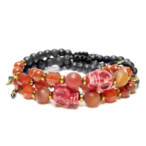 MES316 WEBP Bransoletka męska czaszka, karneol, jaspis czerwony, hematyt i lawa wulkaniczna Magneska biżuteria z kamieni naturalnych.webp