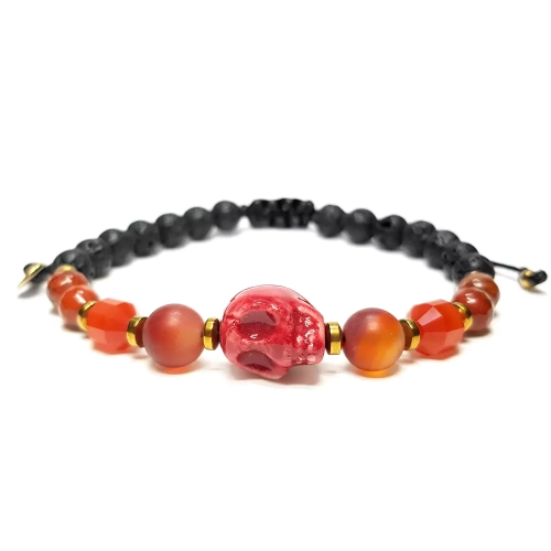 MES316 WEBP Bransoletka męska czaszka, karneol, jaspis czerwony, hematyt i lawa wulkaniczna Magneska biżuteria z kamieni naturalnych 3.webp