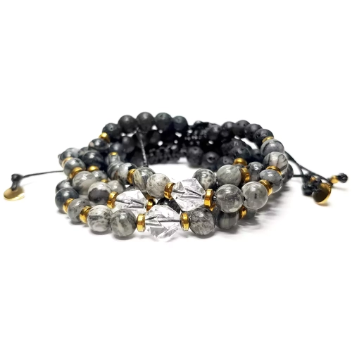 SZN1019 WEBP Bransoletka damska kryształ górski, jaspis picasso, larvikit, jaspis szary, lawa wulkaniczna Magneska biżuteria.webp