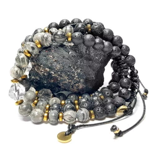 SZN1019 WEBP Bransoletka damska kryształ górski, jaspis picasso, larvikit, jaspis szary, lawa wulkaniczna Magneska biżuteria 2.webp