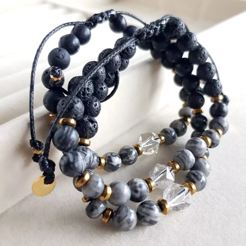 SZN1019 WEBP Bransoletka damska kryształ górski, jaspis picasso, larvikit, jaspis szary, lawa wulkaniczna Magneska biżuteria 4.webp