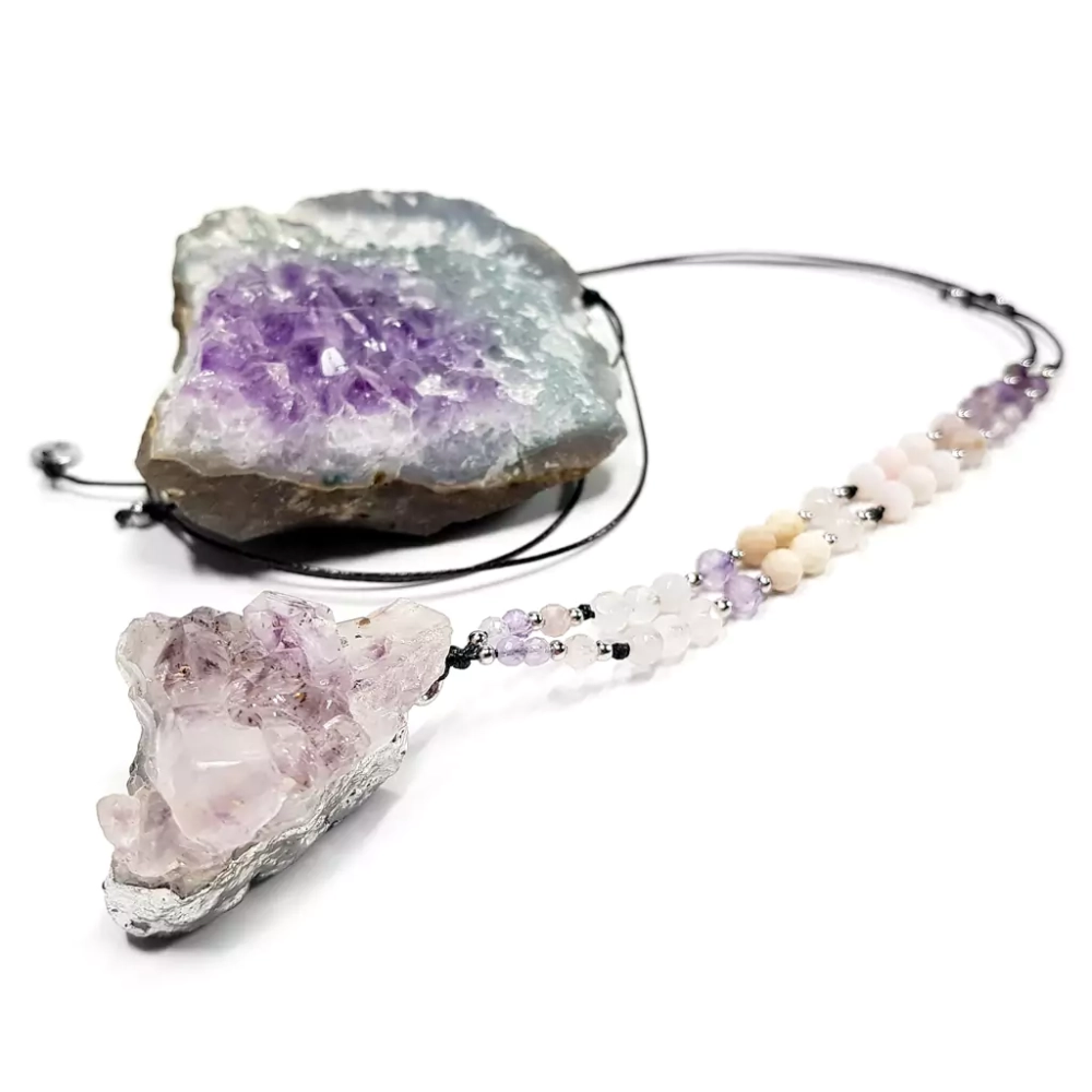 NAW927 WEBP Naszyjnik unikat na sznurku ametyst, kunzyt, kwarc różowy, mokait i różowy opal Magneska biżuteria.webp