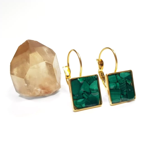 KST745 WBEP Kolczyki wiszące kwadraty malachit Magneska biżuteria 3.webp