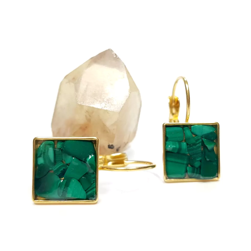 KST745 WBEP Kolczyki wiszące kwadraty malachit Magneska biżuteria 2.webp