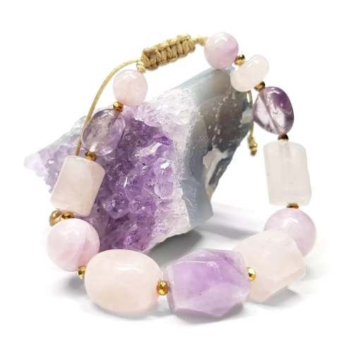 SZN1046 WEBP Bransoletka bohemian kwarc różowy, ametyst, kunzyt i hematyt Magneska biżuteria 2.webp