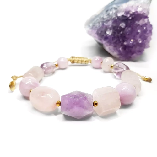 SZN1046 WEBP Bransoletka bohemian kwarc różowy, ametyst, kunzyt i hematyt Magneska biżuteria.webp