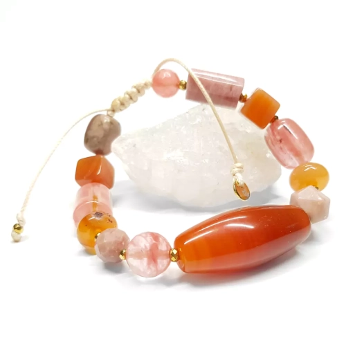 SZN1047 WEBP Bransoletka bohemian karneol, kwarc truskawkowy, rodonit i hematyt Magneska biżuteria 2.webp