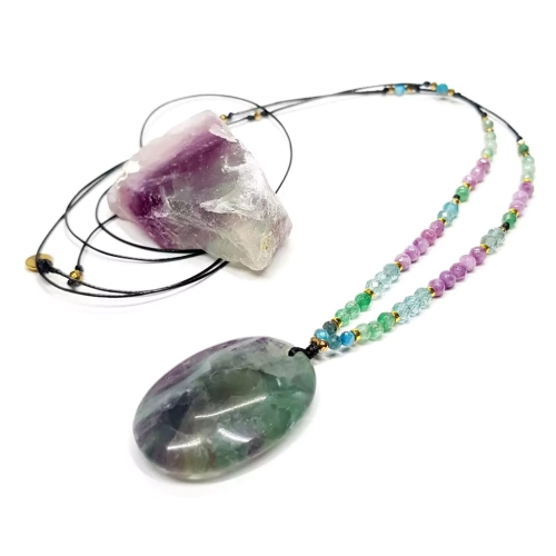 NAW960 WEBP Naszyjnik unikat na sznurku fluoryt, apatyt, agat, jadeit i hematyt Magneska biżuteria 2.webp