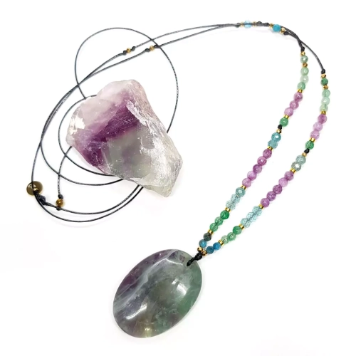 NAW960 WEBP Naszyjnik unikat na sznurku fluoryt, apatyt, agat, jadeit i hematyt Magneska biżuteria 3.webp