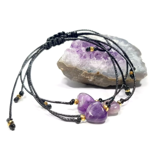 SZN1060 WEBP Bransoletka ametyst serduszko i hematyt na czarnym sznurku Magneska biżuteria.webp