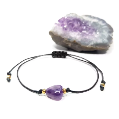 SZN1060 WEBP Bransoletka ametyst serduszko i hematyt na czarnym sznurku Magneska biżuteria 2.webp