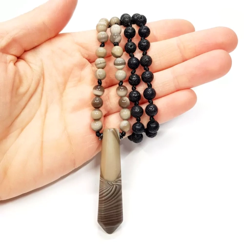 MESNAW030 WEBP Naszyjnik unisex krzemień pasiasty, lawa wulkaniczna i hematyt na czarnym sznurku  Magneska biżuteria 2.webp