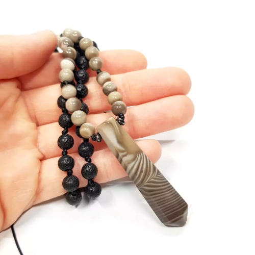 MESNAW030 WEBP Naszyjnik unisex krzemień pasiasty, lawa wulkaniczna i hematyt na czarnym sznurku  Magneska biżuteria.webp