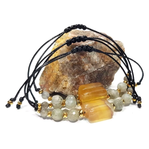 SZN1062 WEBP Bransoletka żółty fluoryt, labradoryt i hematyt na czarnym sznurku Magneska biżuteria z kamieni naturalnych.webp