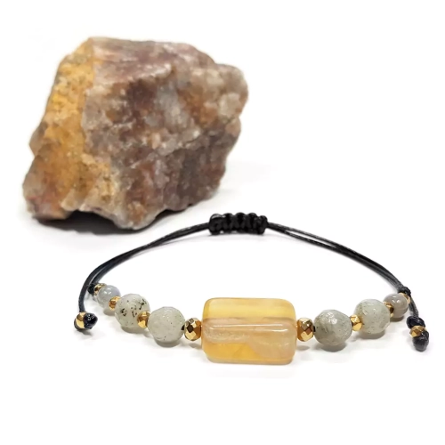 SZN1062 WEBP Bransoletka żółty fluoryt, labradoryt i hematyt na czarnym sznurku Magneska biżuteria z kamieni naturalnych 2.webp