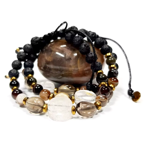 SZN1063 WEBP Pebbles damska bransoletka kryształ górski, kwarc dymny, agat brązowy, obsydian złoty i hematyt Magneska biżuteria.webp