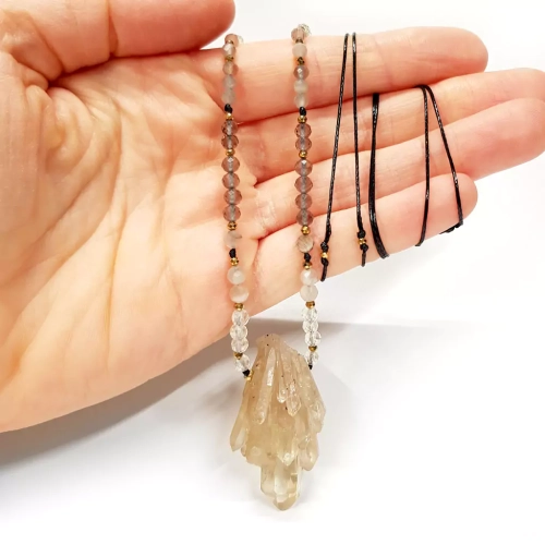 NAW969 WEBP Naszyjnik unikat regulowany cytryn, kamień słoneczny, kwarc dymny i hematyt Magneska biżuteria 4.webp