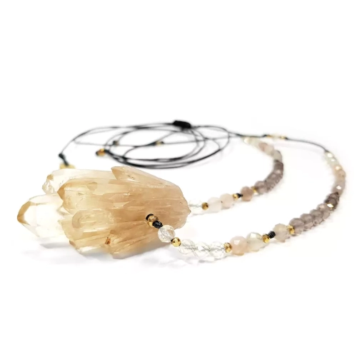 NAW969 WEBP Naszyjnik unikat regulowany cytryn, kamień słoneczny, kwarc dymny i hematyt Magneska biżuteria.webp