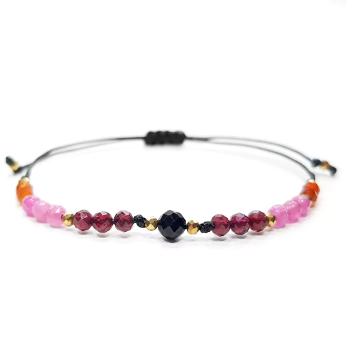 SZN1069 WEBP Bransoletka czarny turmalin, granat, różowy agat, karneol i hematyt na czarnym sznurku Magneska biżuteria 2.webp