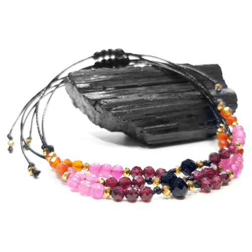 SZN1069 WEBP Bransoletka czarny turmalin, granat, różowy agat, karneol i hematyt na czarnym sznurku Magneska biżuteria.webp