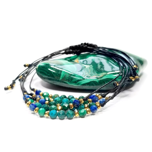 SZN1072 WEBP Bransoletka chryzokola, malachit, lapis lazuli i hematyt na czarnym sznurku Magneska biżuteria.webp