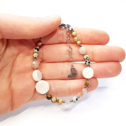 KAM814 WEBP Bransoletka jaspis pejzażowy, kamień słoneczny, jaspis delmatyńczyk, koral i hematyt Magneska 3.webp