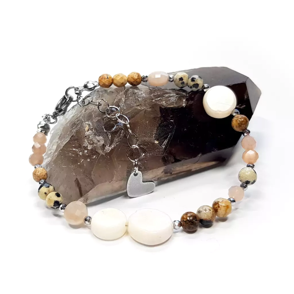 KAM814 WEBP Bransoletka jaspis pejzażowy, kamień słoneczny, jaspis delmatyńczyk, koral i hematyt Magneska.webp