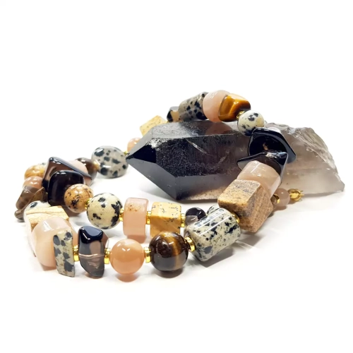 NAW1004 WEBP Naszyjnik unikat choker kwarc dymny, kamień słoneczny, tygrysie oko, jaspis pejzażowy, jaspis dalmatyńczyk i hematyt Magneska.webp