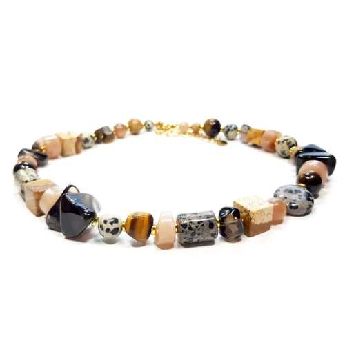 NAW1004 WEBP Naszyjnik unikat choker kwarc dymny, kamień słoneczny, tygrysie oko, jaspis pejzażowy, jaspis dalmatyńczyk i hematyt Magneska  2.webp