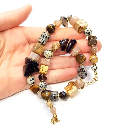 NAW1004 WEBP Naszyjnik unikat choker kwarc dymny, kamień słoneczny, tygrysie oko, jaspis pejzażowy, jaspis dalmatyńczyk i hematyt Magneska  3.webp