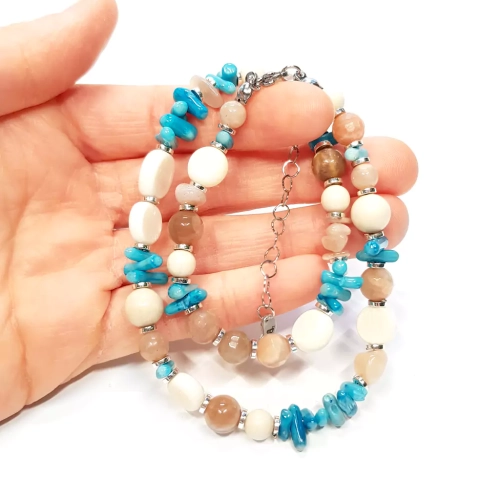 NAW1006 WEBP Naszyjnik unikat choker kamień słoneczny, koral, kamień rzeczny i hematyt Magneska.webp