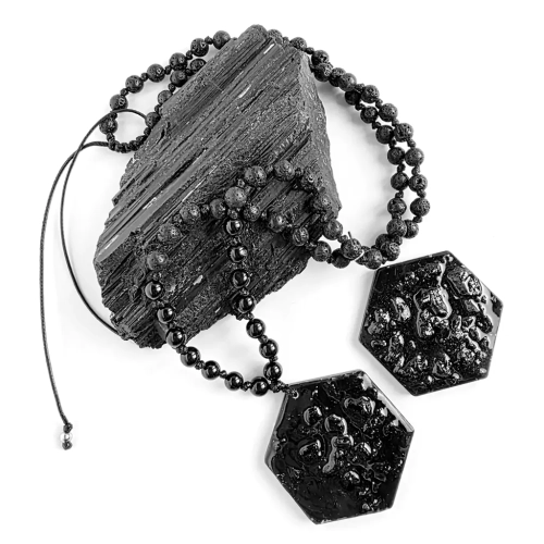 MESNAW038 WEBP Naszyjnik unisex czarny turmalin i lawa wulkaniczna na czarnym sznurku Magneska biżuteria.webp