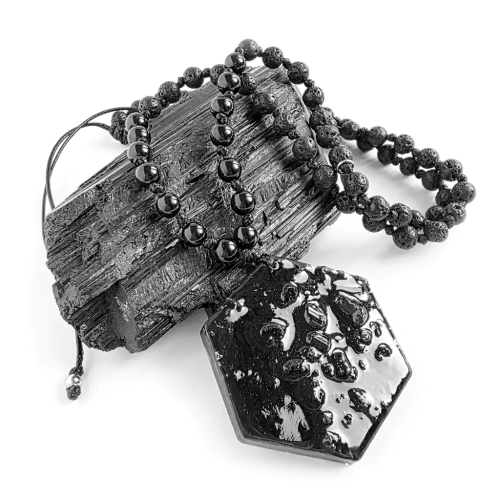 MESNAW038 WEBP Naszyjnik unisex czarny turmalin i lawa wulkaniczna na czarnym sznurku Magneska biżuteria 2.webp