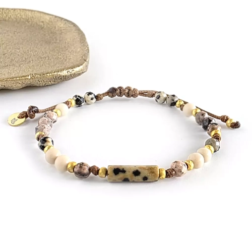 SZN1078 WEBP Bransoletka jaspis dalmatyńczyk, rodochrozyt, kamień rzeczny i hematyt na brązowym sznurku Magneska biżuteria 4.webp