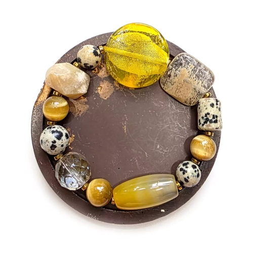 KAM828 WEBP Bohemian bransoletka unikat kwarc mszysty, jaspis dalmatyńczyk, tygrysie oko, agat żółty, hematyt i szkło weneckie 4.webp