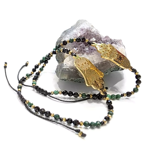 SZN1081 WEBP Bransoletka czary turmalin, malachit, hematyt i Hamsa na czarnym sznurku Fullness of Sacred Protection 2.webp