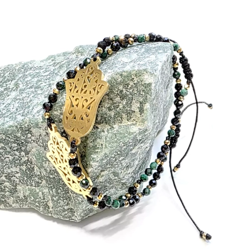 SZN1081 WEBP Bransoletka czary turmalin, malachit, hematyt i Hamsa na czarnym sznurku Fullness of Sacred Protection.webp