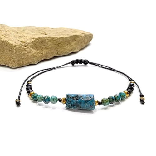 SZN1082 WEBP Bransoletka chryzokola, czarny turmalin i hematyt na czarnym sznurku Magneska.webp