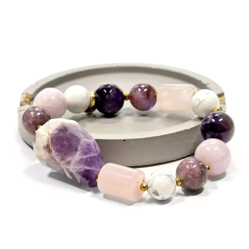 KAM835 WEBP Bohemian bransoletka unikat ametyst, lepidolit, kunzyt, magnezyt, Super Seven, kwarc różowy i hematyt Magneska 2.webp
