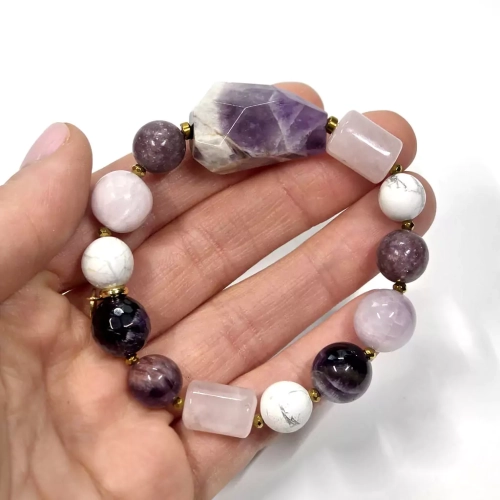 KAM835 WEBP Bohemian bransoletka unikat ametyst, lepidolit, kunzyt, magnezyt, Super Seven, kwarc różowy i hematyt Magneska 3.webp