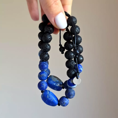 MES327 webp Męska bransoletka z kamieni naturalnych lapis lazuli i lawa wulkaniczna na czarnym sznurku Magneska biżuteria 2.webp