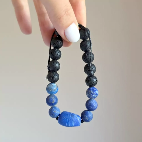 MES327 webp Męska bransoletka z kamieni naturalnych lapis lazuli i lawa wulkaniczna na czarnym sznurku Magneska biżuteria 4.webp
