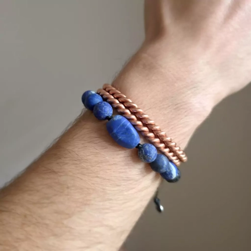 MES327 webp Męska bransoletka z kamieni naturalnych lapis lazuli i lawa wulkaniczna na czarnym sznurku Magneska biżuteria.webp