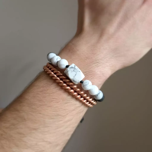 MES326 webp Męska bransoletka z kamieni naturalnych howlit i lawa wulkaniczna na czarnym sznurku Magneska biżuteria 5.webp